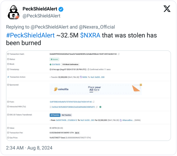 Nexera銷毀3250萬個(gè)NXRATokens應(yīng)對黑客攻擊圖片